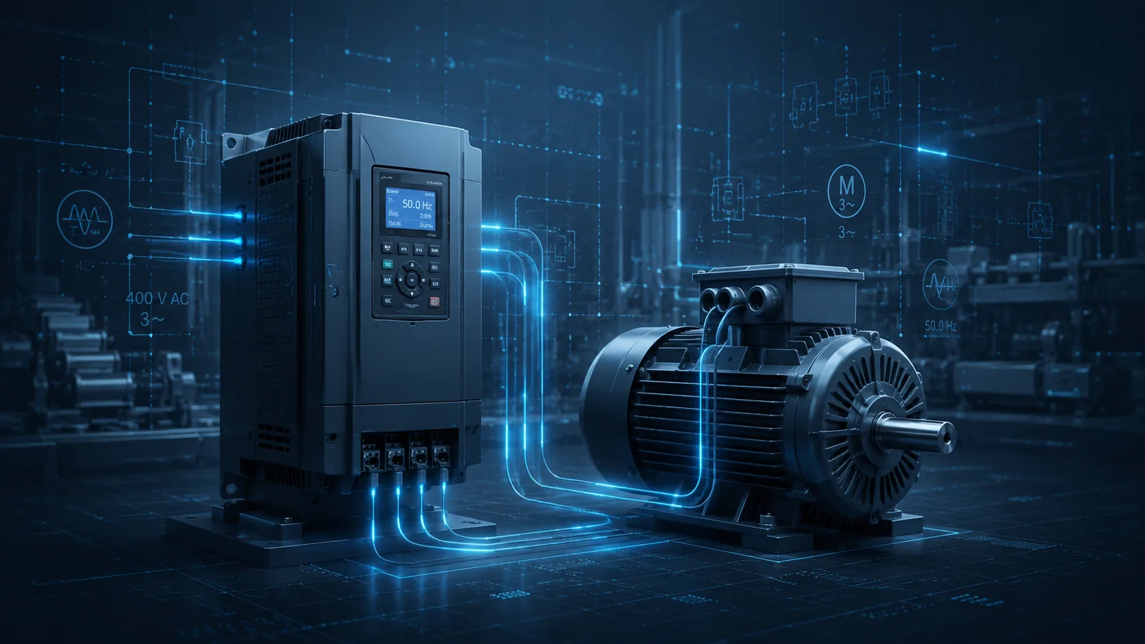 Antriebstechnik mit Frequenzumrichter und Motor in industrieller Automatisierung