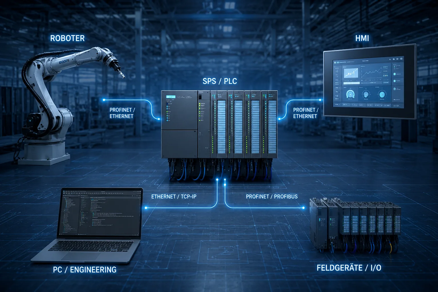 Schnittstellen zwischen SPS, Roboter, HMI, PC und Feldgeräten